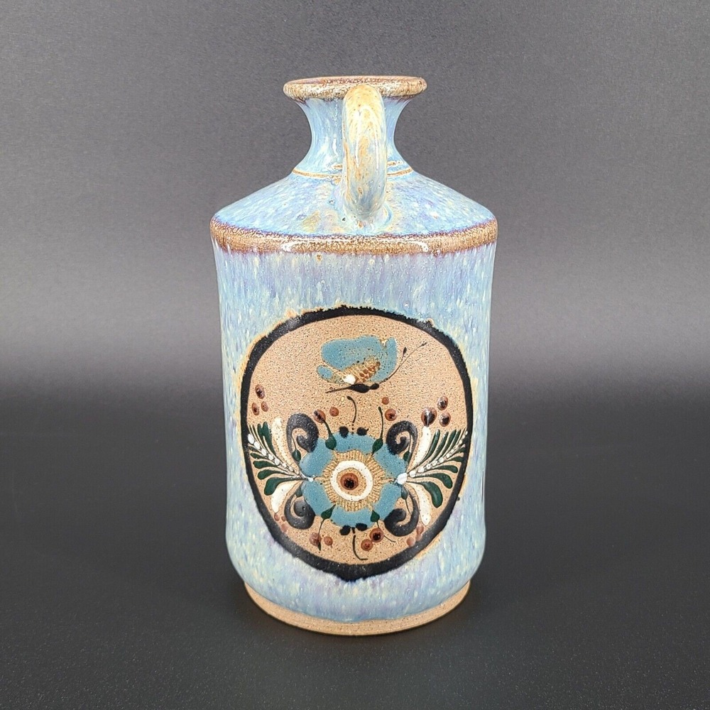 Folk Art Blue Glazed Open Jug Candle Holder Flower Bird‎ Signed Netzi